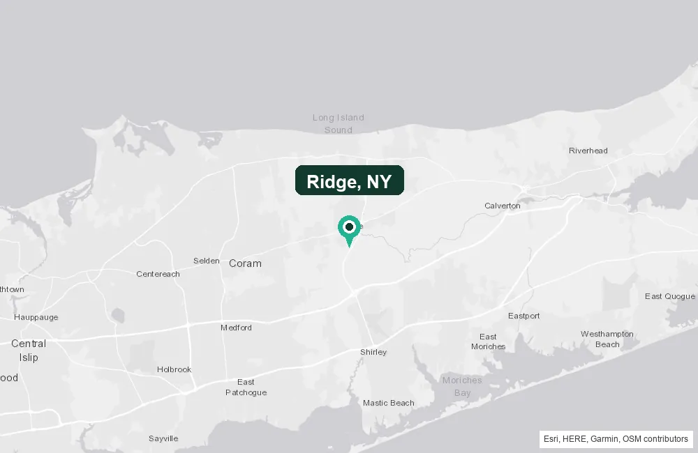 Map of Ridge, New York and the surrounding Suffolk County area service area